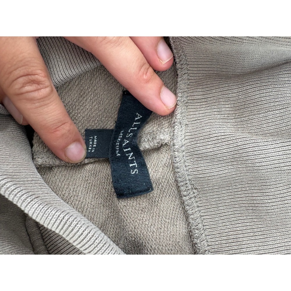 AllSaints Mens Raven Sweat Shorts Taupe Brown Ramskull Logo Raw Hem Size Medium - Picture 6 of 6
